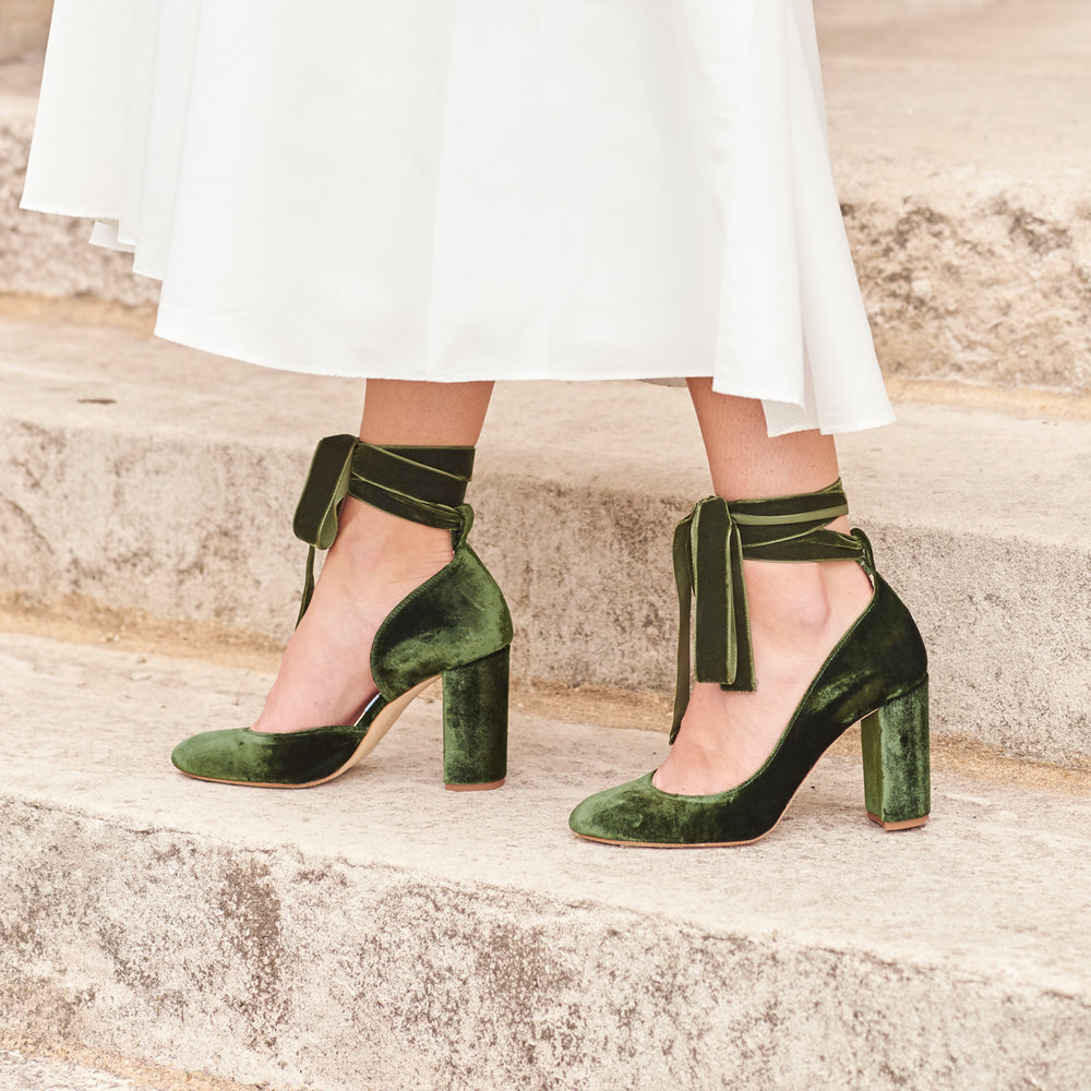 Forest Green Wedding Shoes, Block heel Wedding shoes, Velvet Bridal Shoes, 2024 Velvet Wedding Heels, Green Velvet Wedding shoes ''Romy''