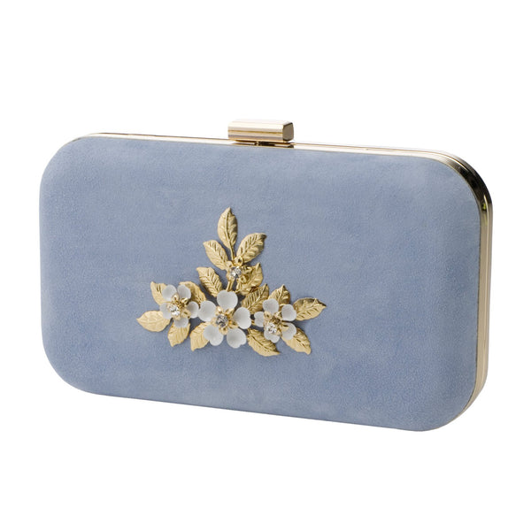 Amelia Blossom Clutch blue kid suede clutch bag Harriet Wilde Wedding Shoes